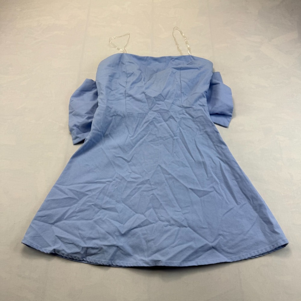 Altar'd State Small Blue Linen Blend Strapless Bow Fit Flare Mini Dress